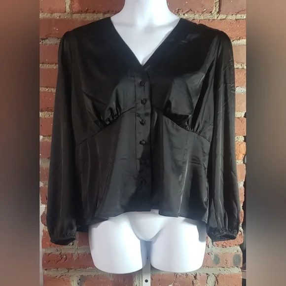 Black Satin Button-Front Top - Picture 3 of 5